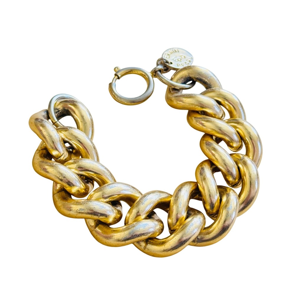 VTG Erwin Pearl Signed Bracelet Curved Chain Gold Bold Statement Chunky 7.25"
